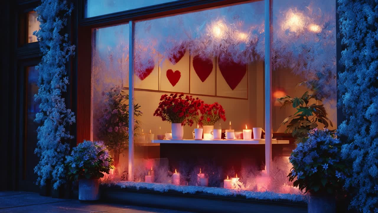A Beautifully Decorated Window Display Featuring Red Roses, Candles, and Heart Decorations, Creating a Romantic Atmosphere Perfect for Celebrating Love and Special Occasions