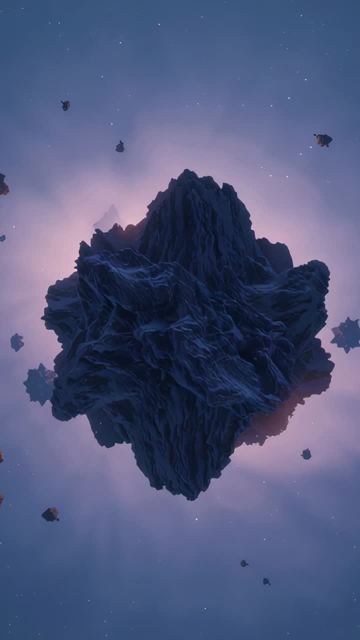 Vertical video: Moving camera approaching irregular asteroid in space, revealing ridges and halo