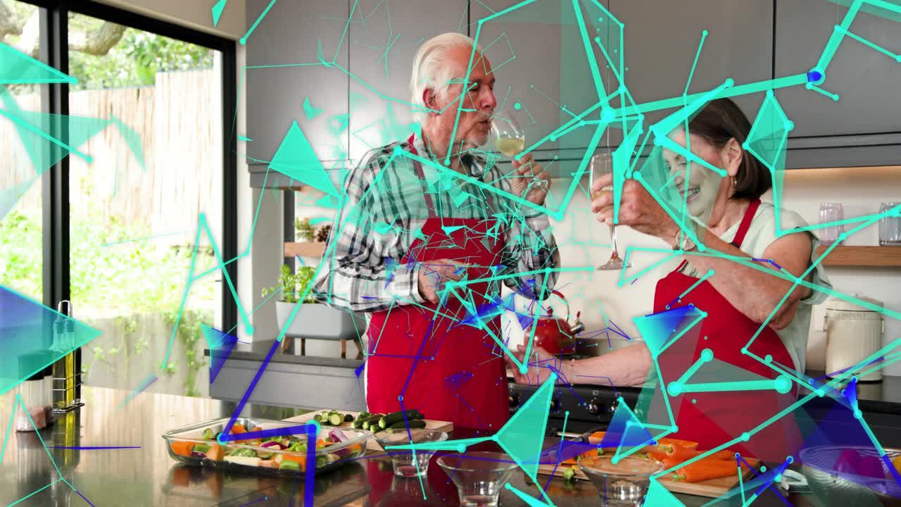 Senior couple cutting on island smiling reaching for wine toasting cooking teal overlay hiding view