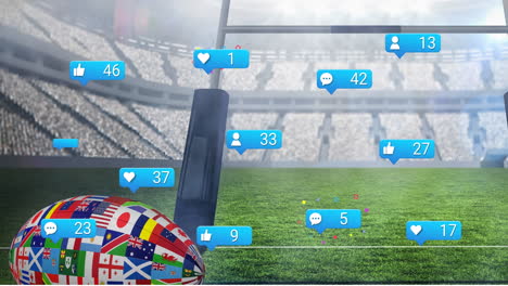 animation of social media icons and countries flag design on rugby ball against rugby sports stadium