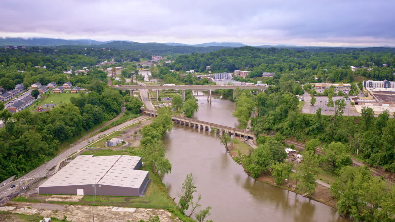 Cinematic aerial pan showcasing Asheville’s downtown horizon