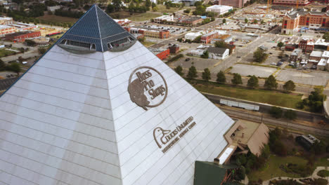 aerial close up of bass pro shops sign on the pyramid in memphis tennessee