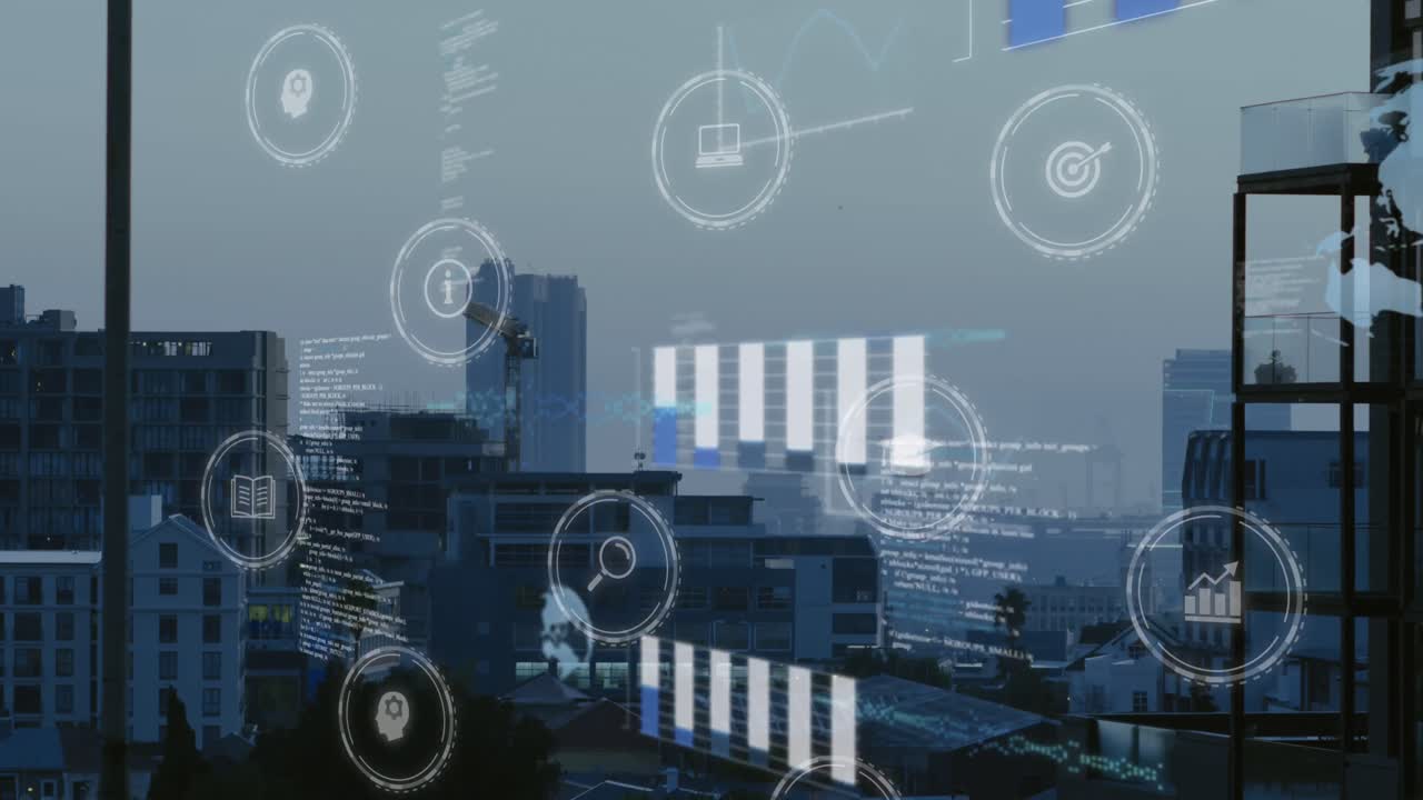 Animation of digital icons and data processing against aerial view of cityscape