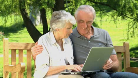 pareja linda de edad avanzada mirando una computadora sentada en un banco