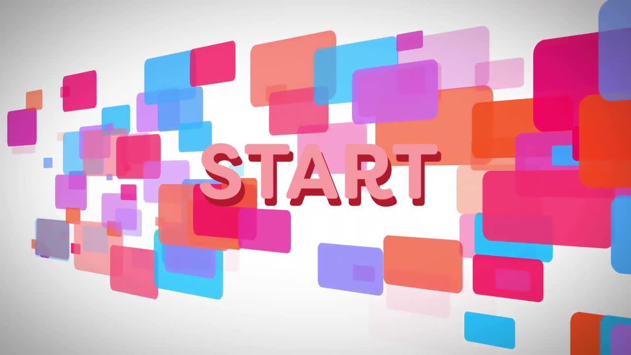 START text animation over colorful overlapping rectangles on white background