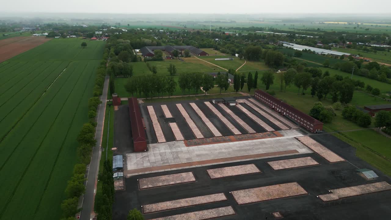 Aerial shot above Neuengamme concentration camp memorial site in Bergedorf district of Hamburg on an overcast day in Germany