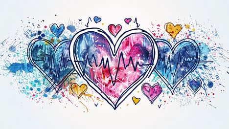 watercolor hearts with heartbeat lines