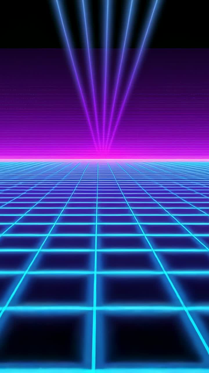 Vertical video: Neon-blue grid glowing under magenta horizon in vaporwave, with five purple beams