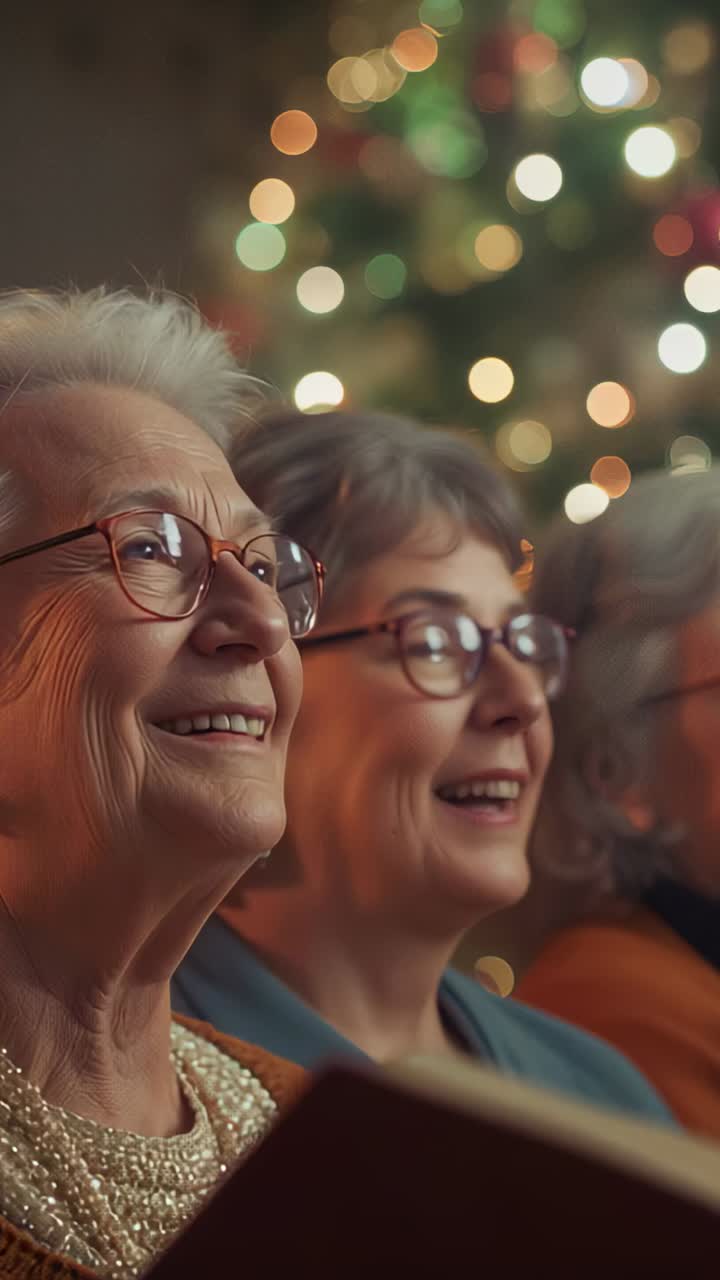 Vertical video: Senior women singing carols on cue beside Xmas tree turning pages in red songbooks