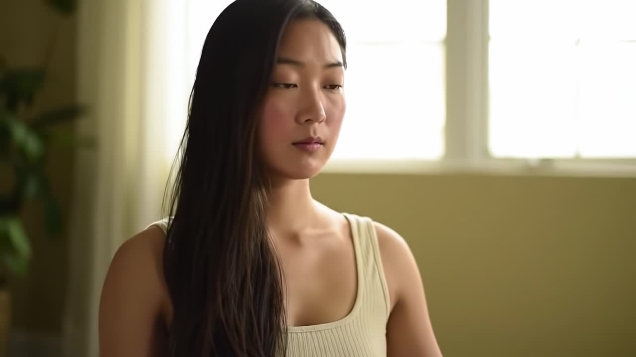 A Serene Meditation Practice Unfolding: Embracing Inner Peace and Mindfulness Through Calmness and Focus in a Cozy Indoor Space