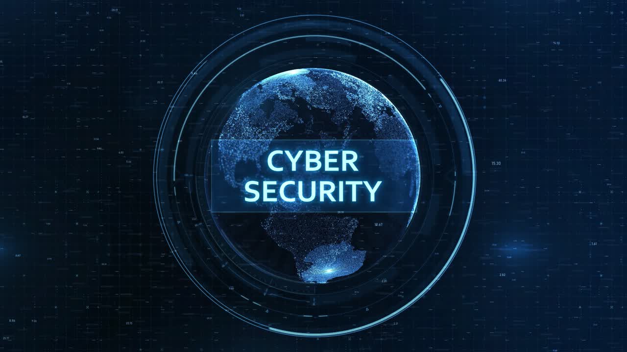 Cyber Security Concept: Futuristic Globe with Grid, Binary Code, and Digital Animation