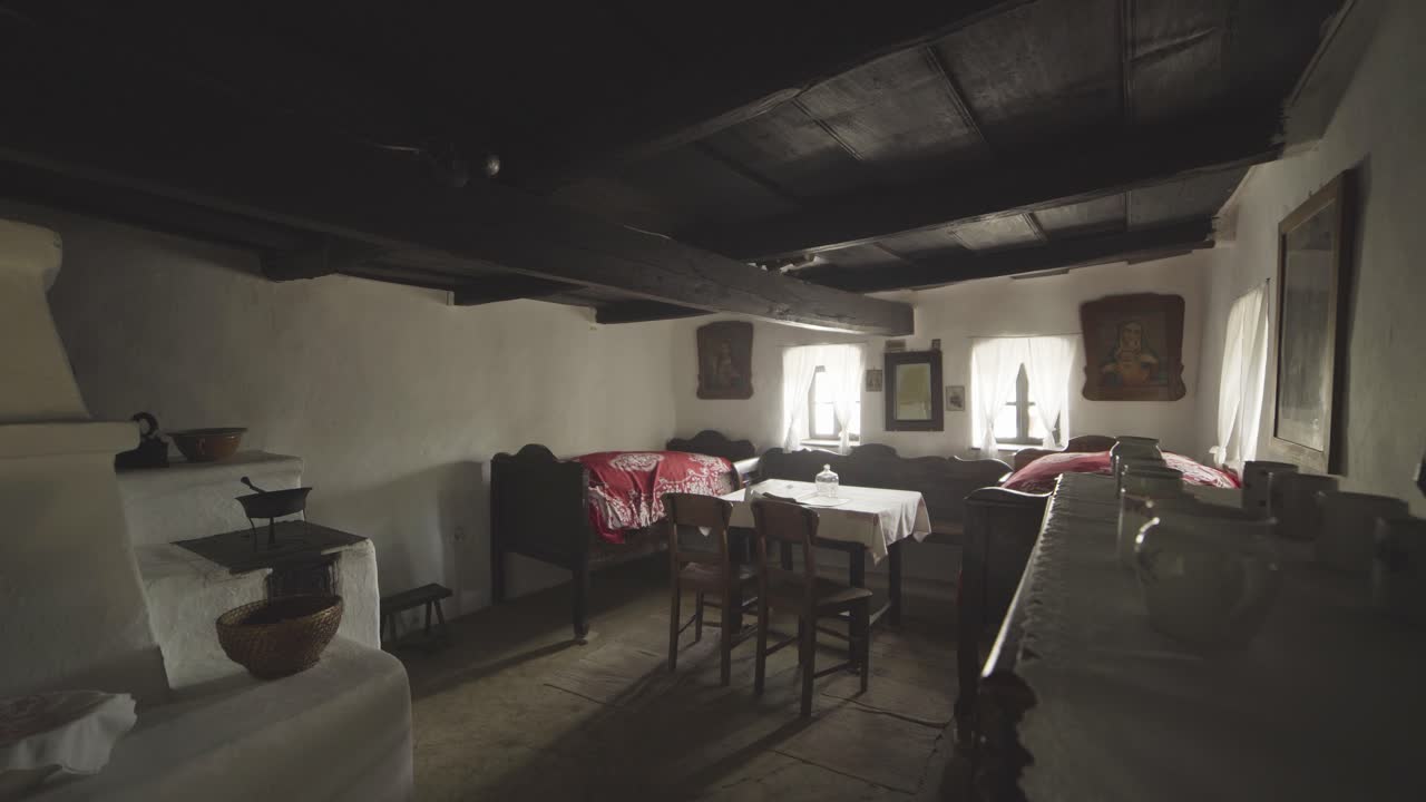 Old hungarian house insidecamera moves slowly forward