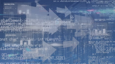 animation of computer language over arrow, graphs and loading bars against abstract background