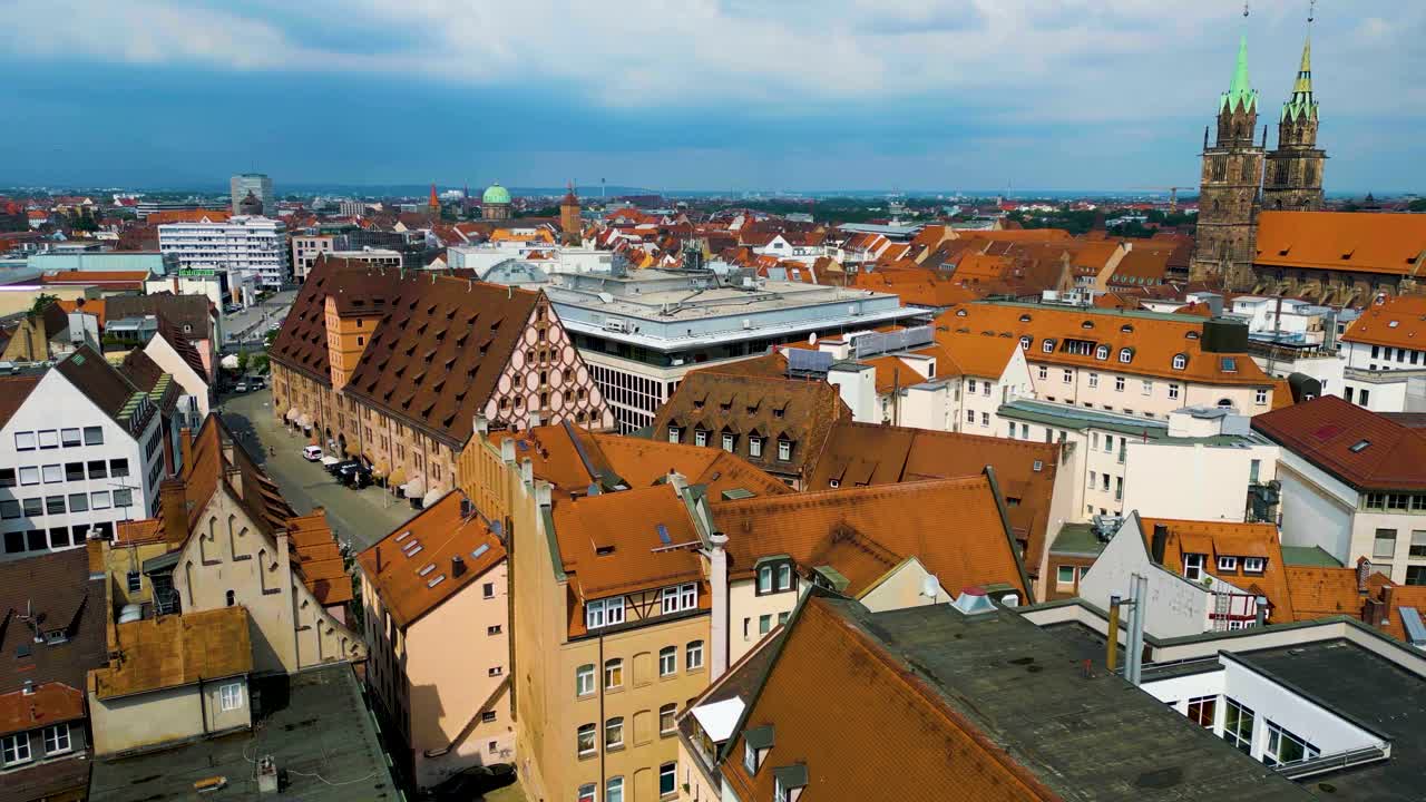 4K Aerial Drone Video of the Nuremberg State Theater and St. Lawrence Church in Downtown Nurnberg, Germany
