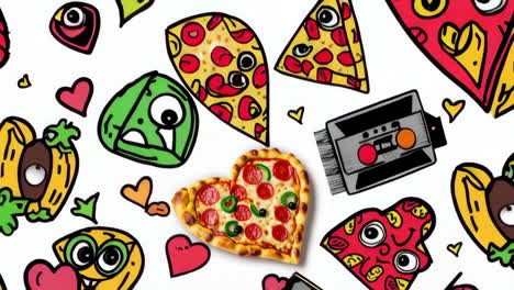 heart-shaped pizza and playful food illustrations