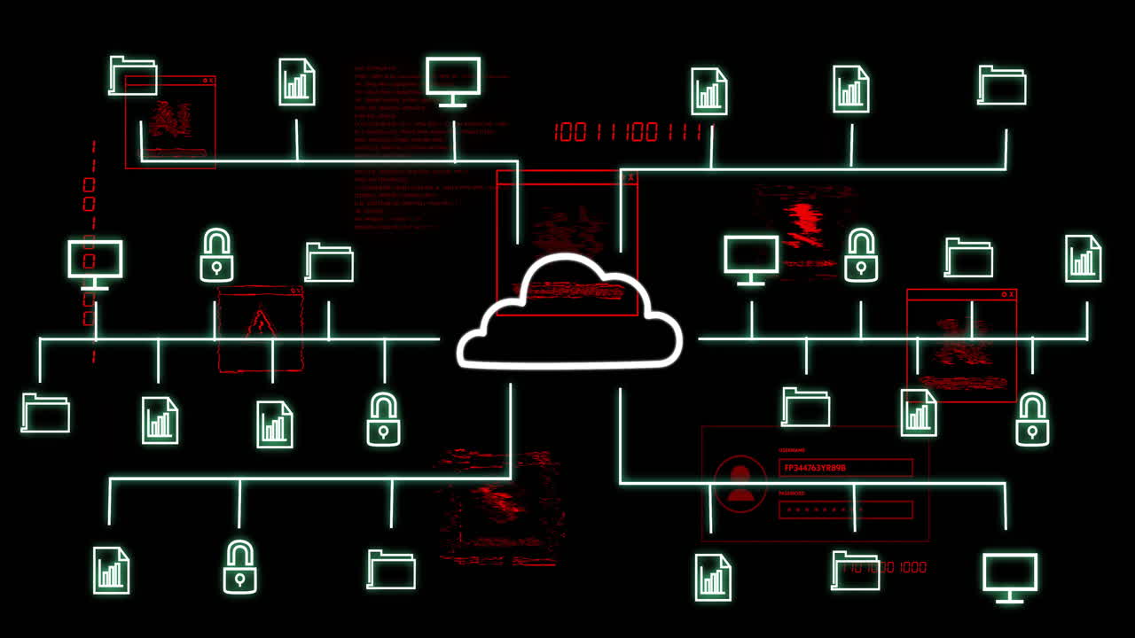 Cloud computing network with data processing and security icons animation