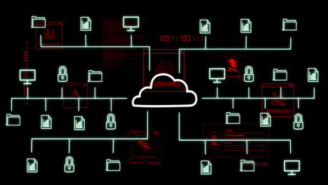 cloud computing network with data processing and security icons animation