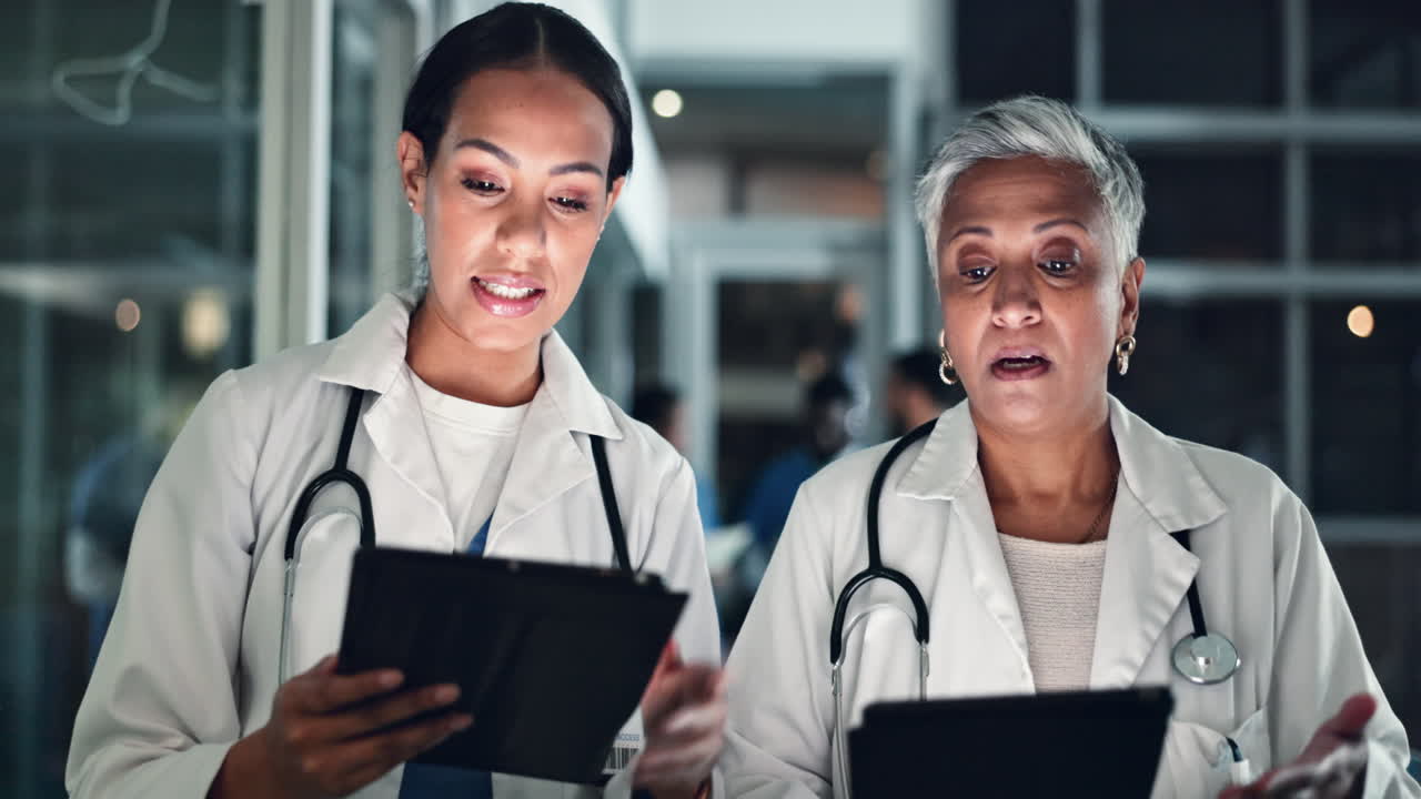 Doctors night planning and tablet with talking