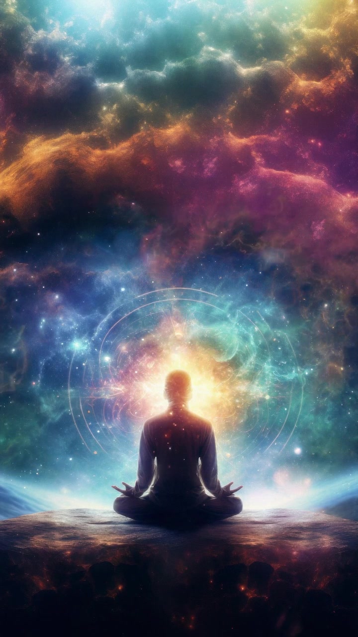 Silhouette in meditazione in un vibrante paesaggio cosmico