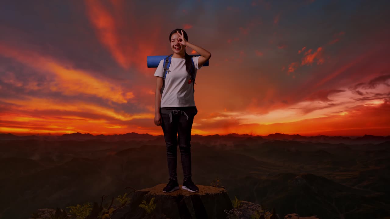 mujer en la cima de una montaña al atardecer