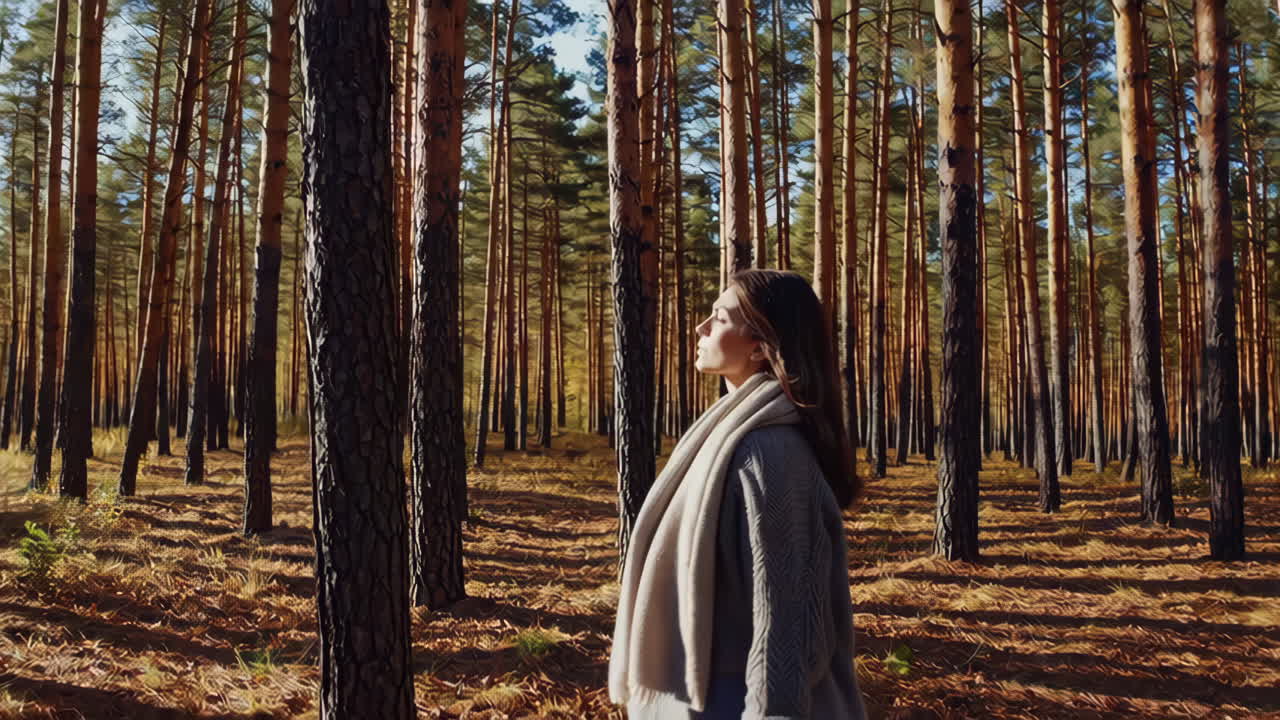 Woman Enjoying a Peaceful Moment in an Autumn Forest