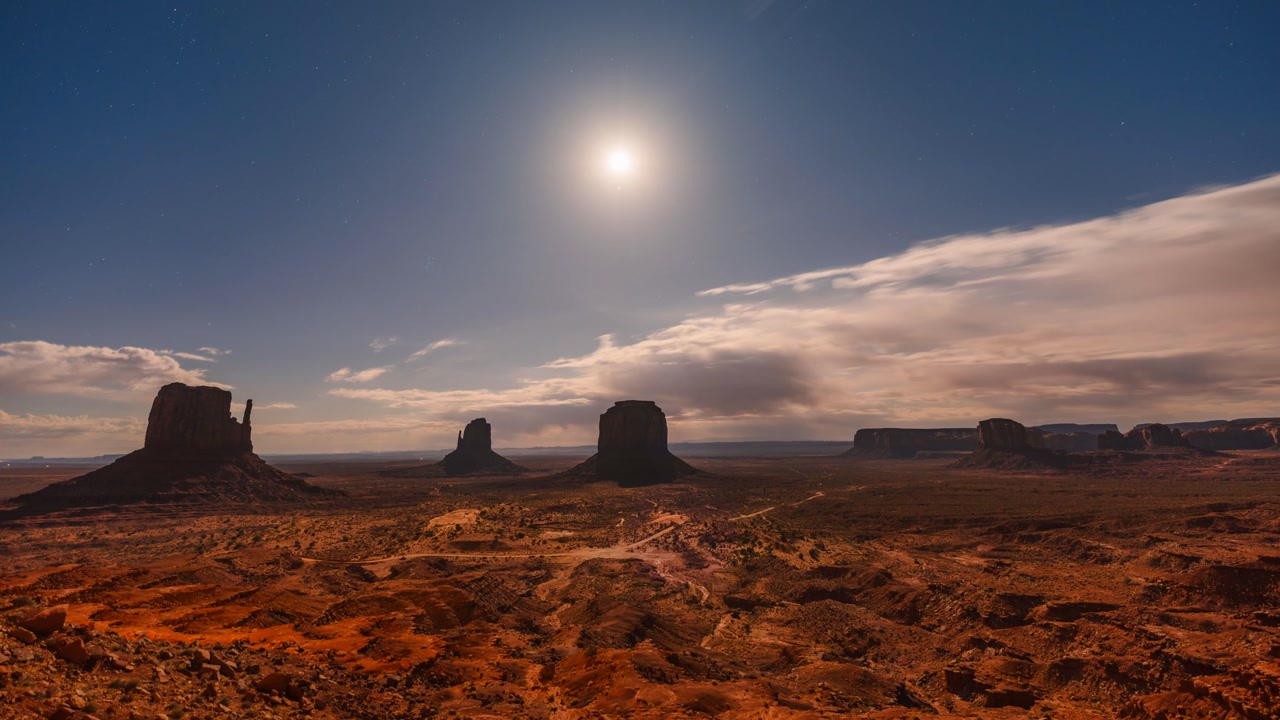 Stunning sunset to night transition at Monument Valley with stars and rising moon, Utah time lapse