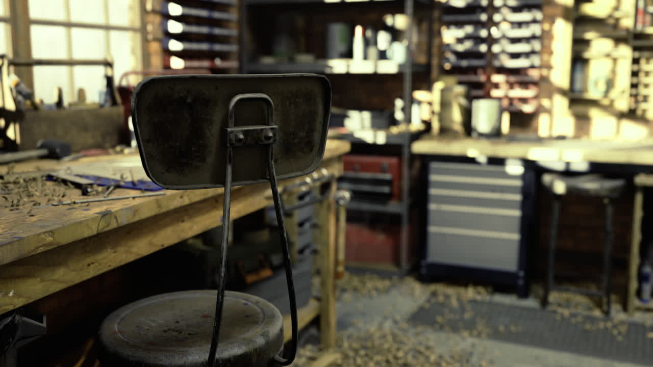 Workbench and tools in a rustic workshop during daylight hours