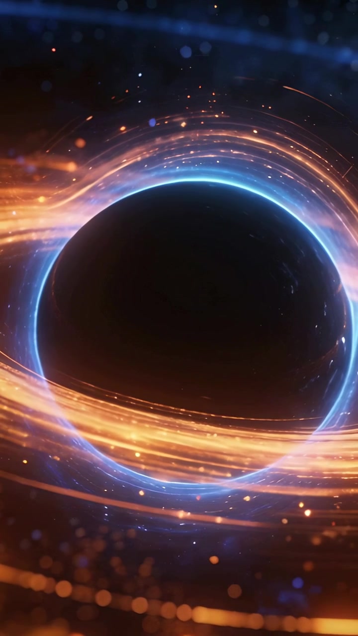 Vertical video: Turning cam showing dark core orbiting orange ribbon at blue rim in space with dust
