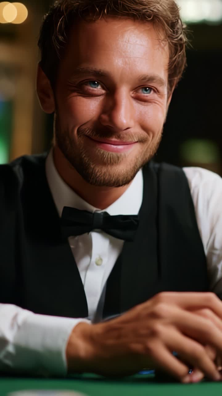 Ein charismatischer Dealer an einem Casinotisch interagiert mit SpielerInnen inmitten der lebhaften AtmosphÃ¤re von Kartenspielen und aufregenden Wendungen