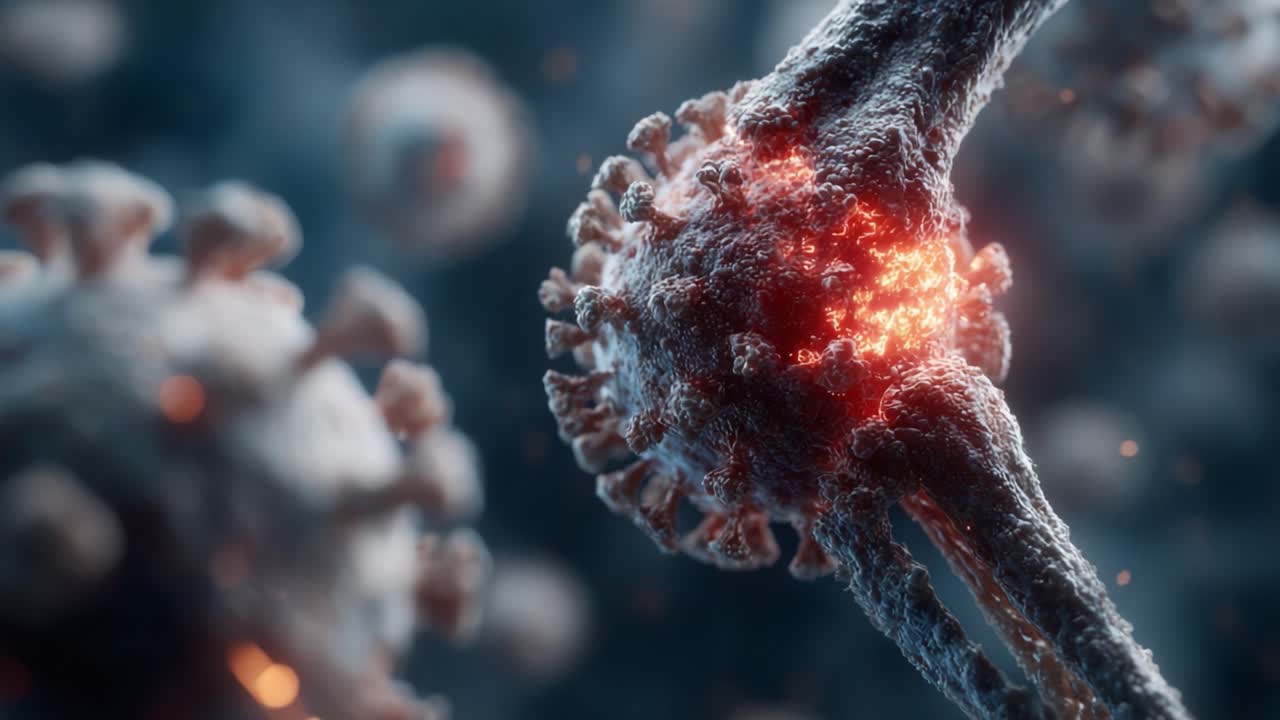 Una vista ravvicinata delle strutture virali, che evidenzia la loro complessa morfologia e attività molecolare in un rendering 3D mozzafiato e dettagliato.