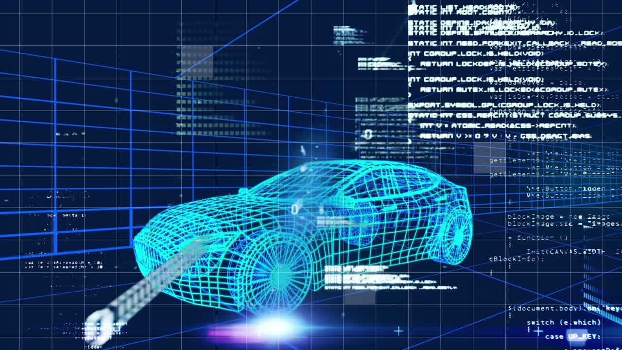 데이터와 정보와 함께 터널을 통과하는 자동차의 3d 모델의 애니메이션