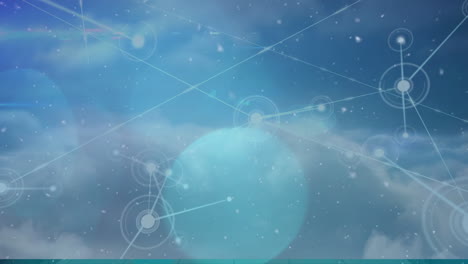 animation of network of connections and light spots over sky with clouds