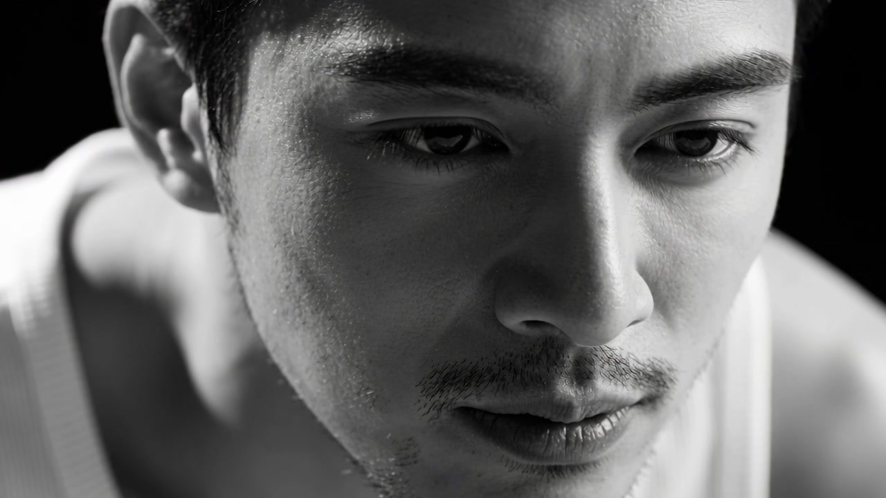Framing male blinking and lowering gaze in studio, white tank top and chain showing focus