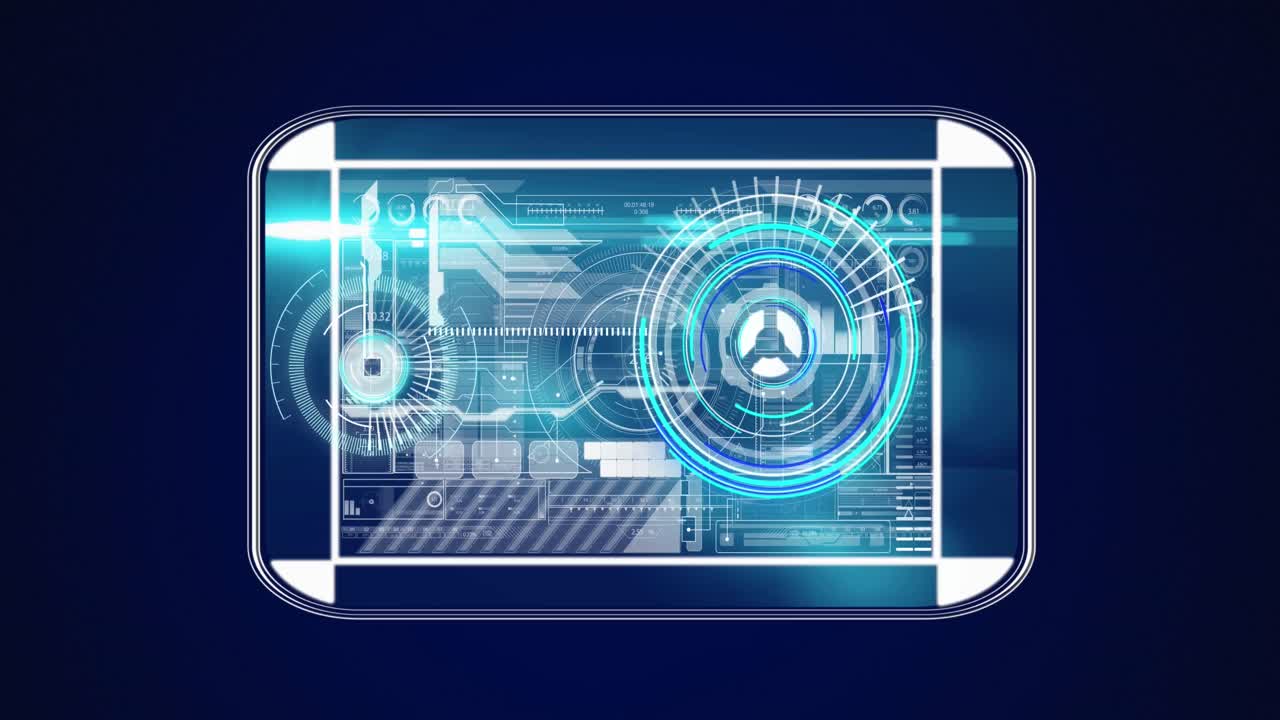 animación de la interfaz con el escáner redondo de neón y procesamiento de datos contra un fondo azul