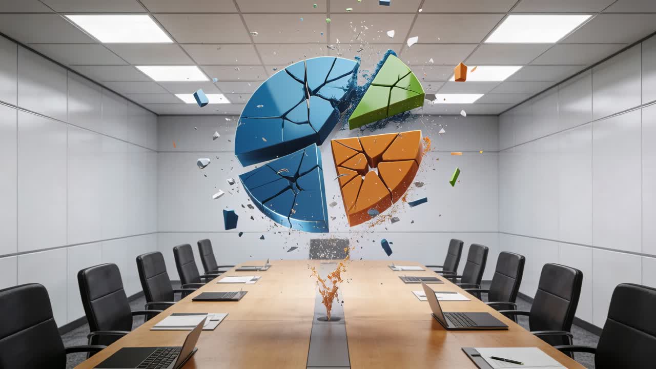 Colonna colorata che si alza da un tavolo, formando un grafico a torta sopra un tavolo da conferenza, con dei laptop.
