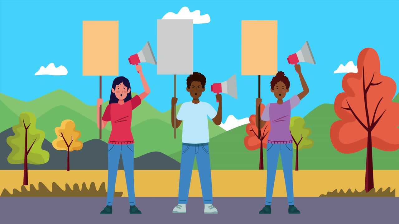 interracial people protesting with banners and megaphones characters