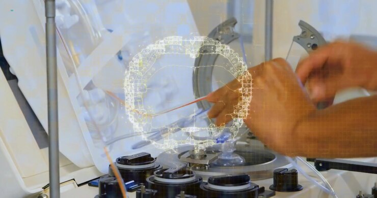 Holographic brain forming causing tech's hands inserting locking tubing, aligning overlay for setup