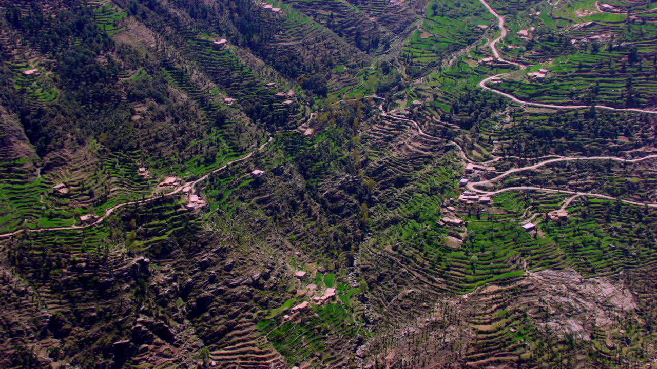 vista aérea de caminos estrechos de montaña y bosques en cachemira, india