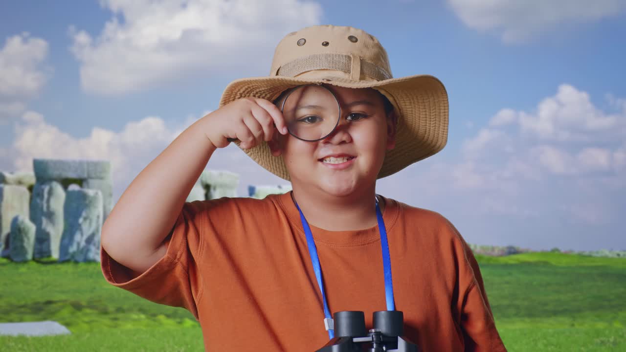 Asian Boy With A Hat And Binoculars Looking Through The Magnifying Glass Examines Something While Traveling In Stonehenge. Boy Researcher, Travel Tourism Adventure Concept