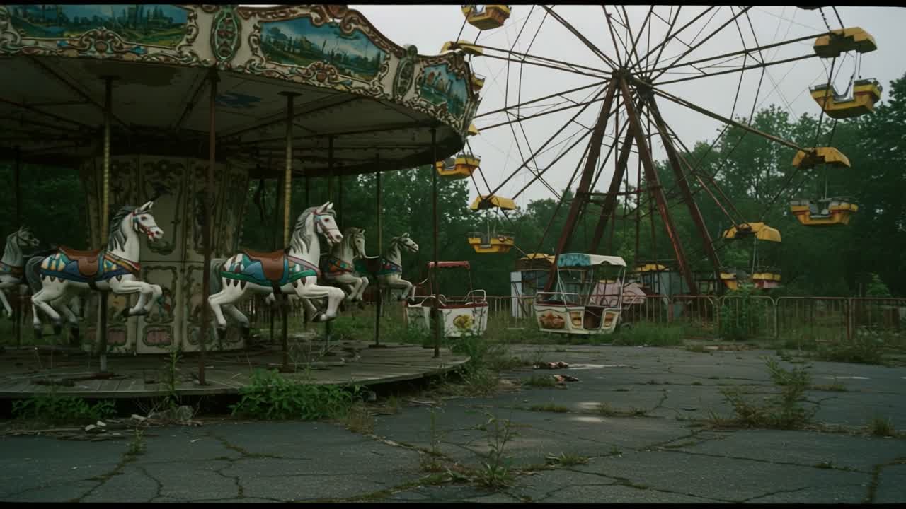 Abandoned Amusement Park's Carousel and Ferris Wheel: A Haunting Glimpse into Forgotten Joys and Decayed Dreams Surrounded by Nature's Reclaiming Embrace