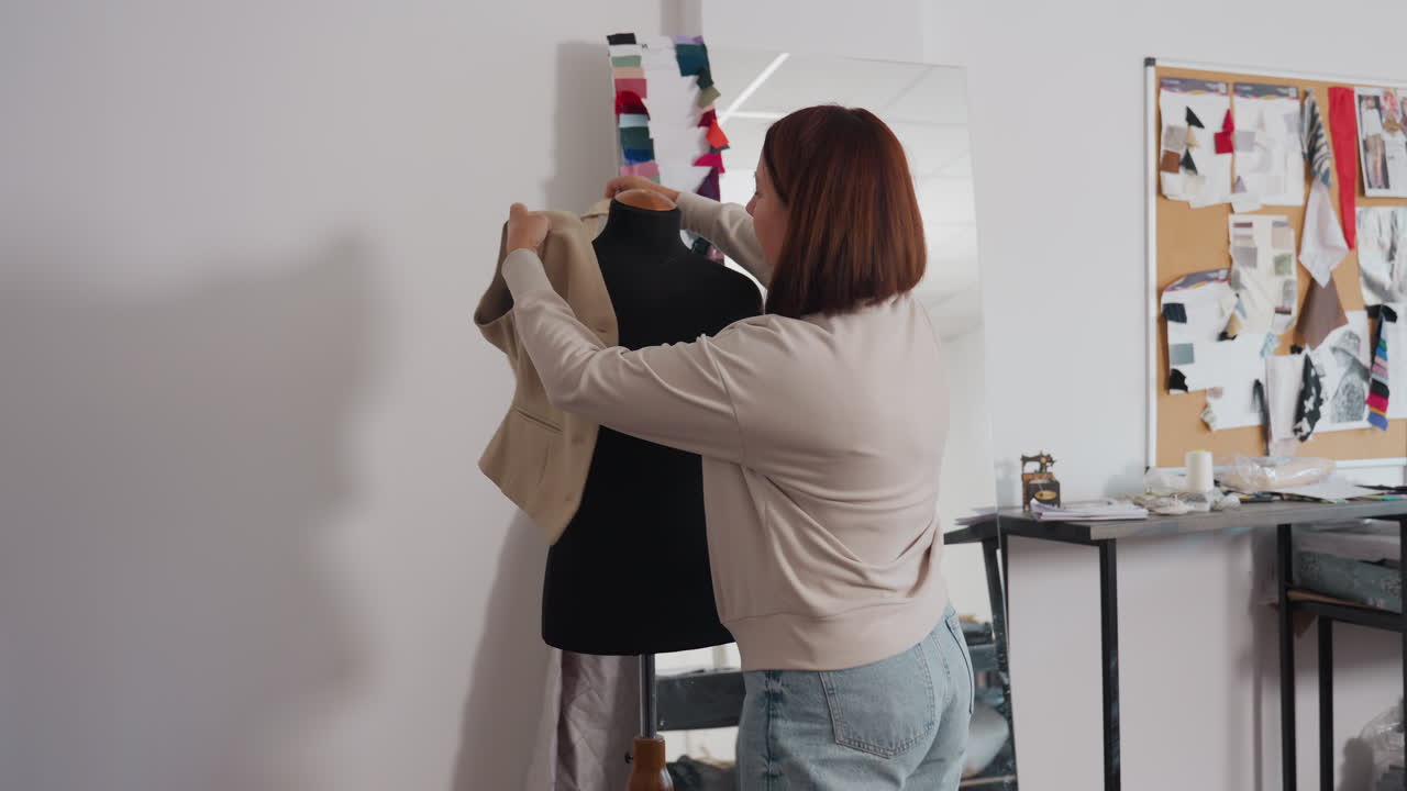 Seamstress lifts beige tailored vest toward black dress form, aligning shoulders before careful pinning, evaluating drape and structure in studio filled with patterns, color swatches, board behind