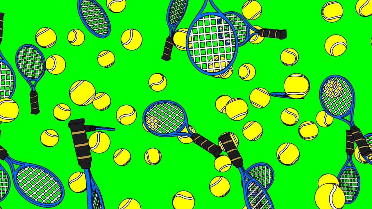 초록색 크로마 키 배경에 톤 스타일의 테니스 공과 파란색 테니스 라켓.