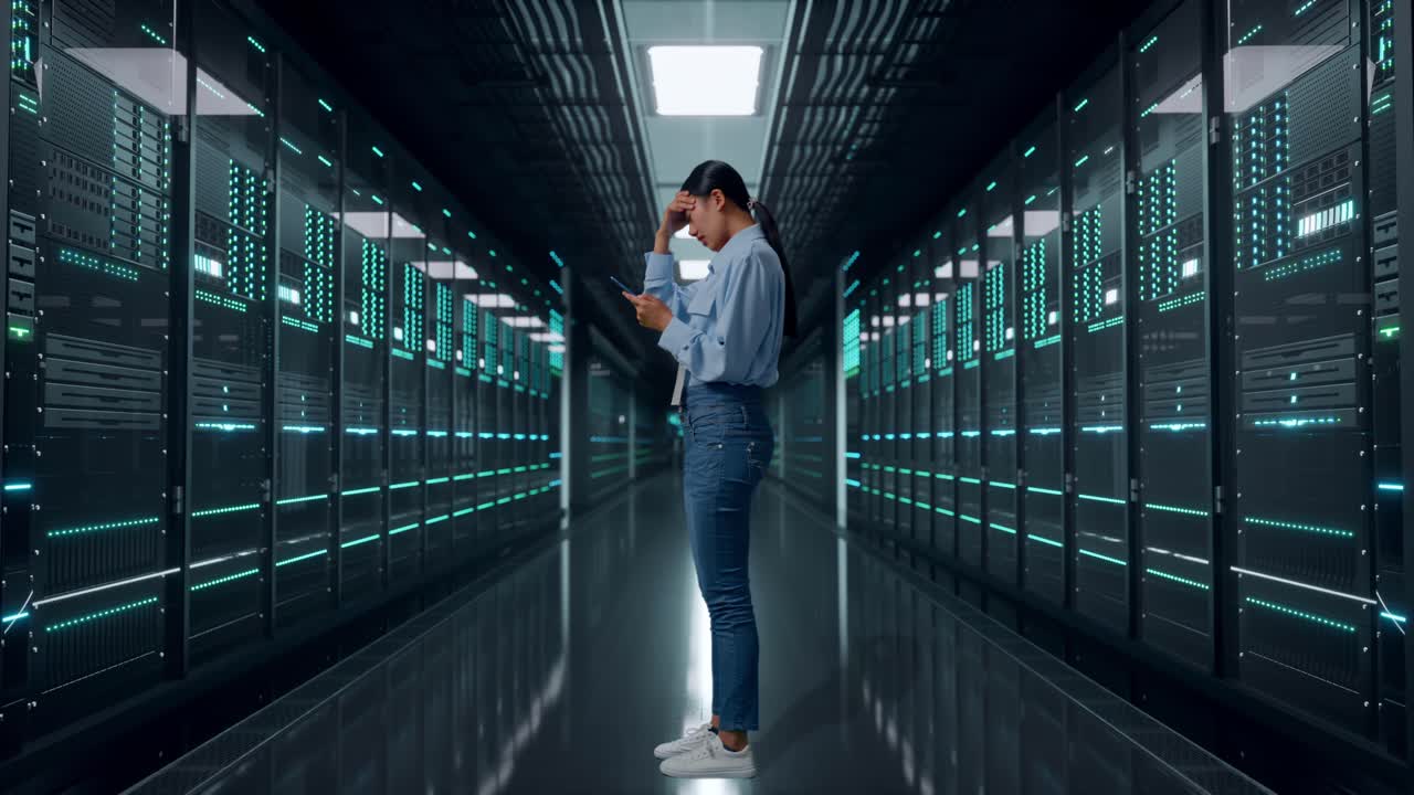 Vista laterale a figura intera di una donna asiatica con il suo telefono in una sala server di un data center, mentre scuote la testa con disappunto.