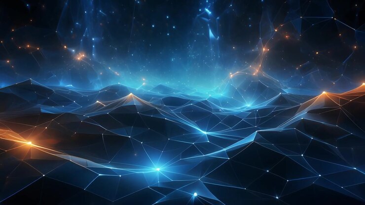 Paesaggio Digitale Astratto con Nodi di Rete Luminosi e Flusso di Dati