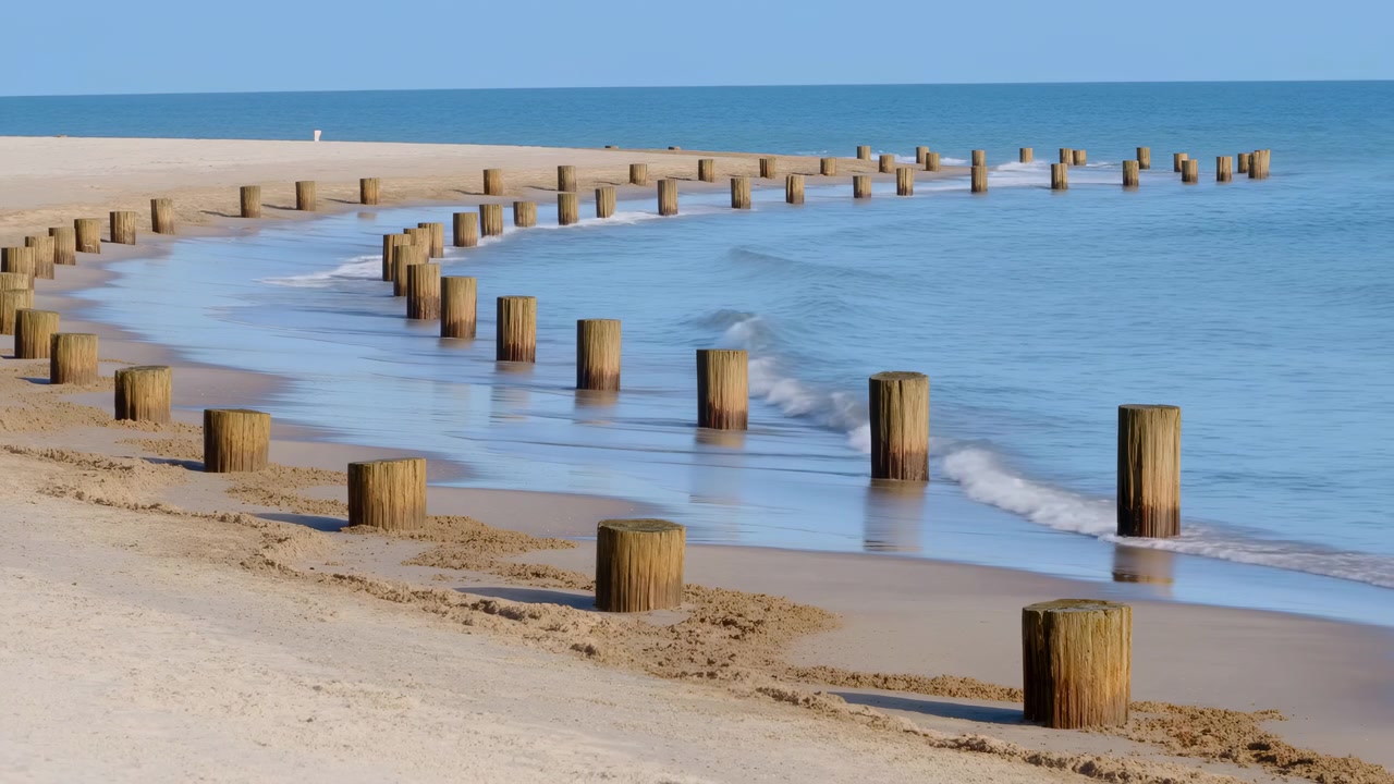 Pali di legno circolari nell'acqua, scena statica senza azione osservata, su una spiaggia con cielo azzurro limpido e mare calmo, con pali di legno circolari, sabbia, cielo azzurro limpido, mare calmo, con texture di legno e sabbia.