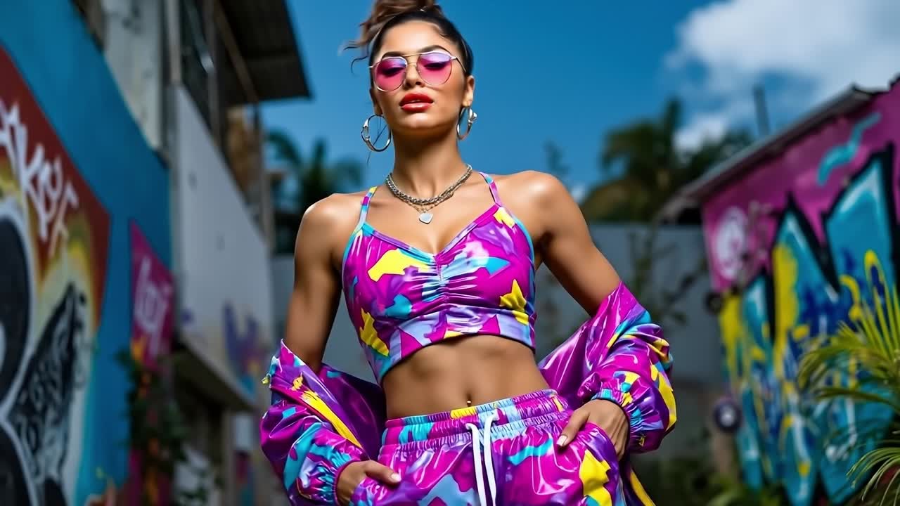 A woman in a colorful outfit standing in front of a graffiti covered wall