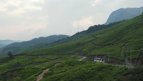 Through-the-scenic-tea-plantations-of-the-western-ghats-in-the-Nilgiris-near-Munnar-Kerala,-public-transport-bus-passes-along-with-tractors-and-other-vechiles