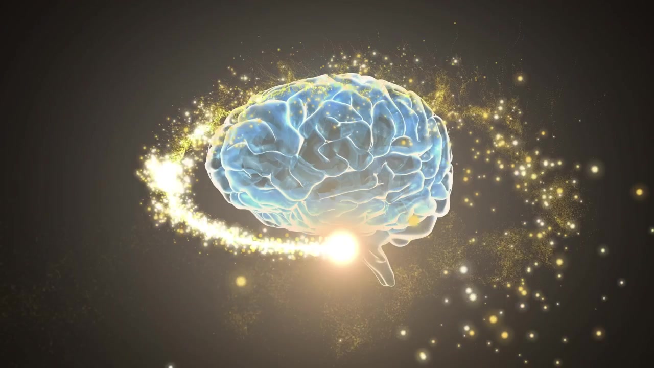 Animazione di una stella che si muove sopra un cervello che ruota su uno sfondo nero