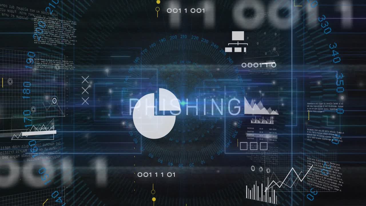 Animation of icons, phishing text, circuit board pattern with binary codes and computer language