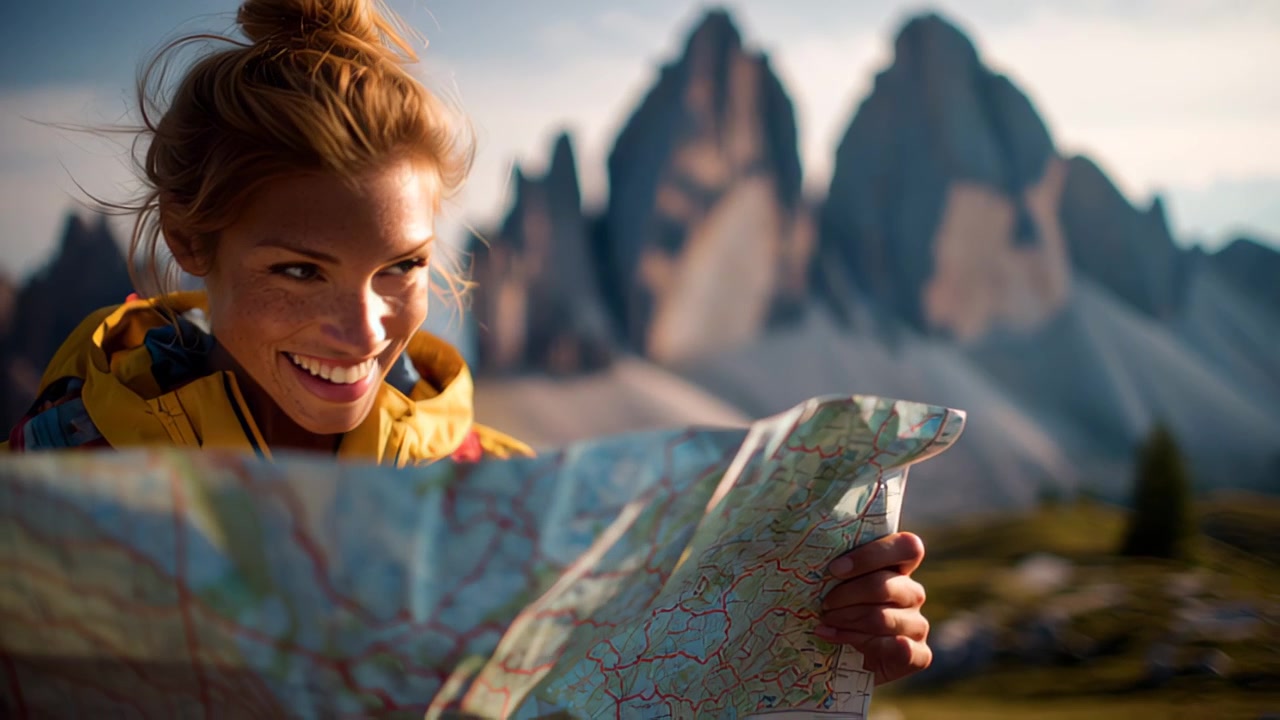 Nahaufnahme einer fröhlichen jungen Frau in Outdoor-Jacke, die beim Wandern in alpiner Landschaft eine gefaltete Karte hält, mit schroffen Berggipfeln und warmem Abendlicht.